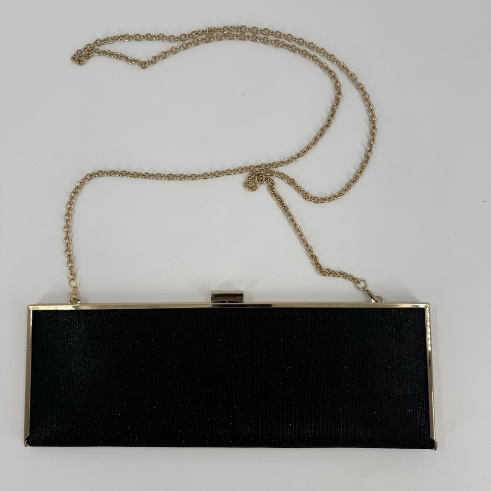 Vintage Kate Landry Black Satin Clutch Gold Frame Chain Evening Bag